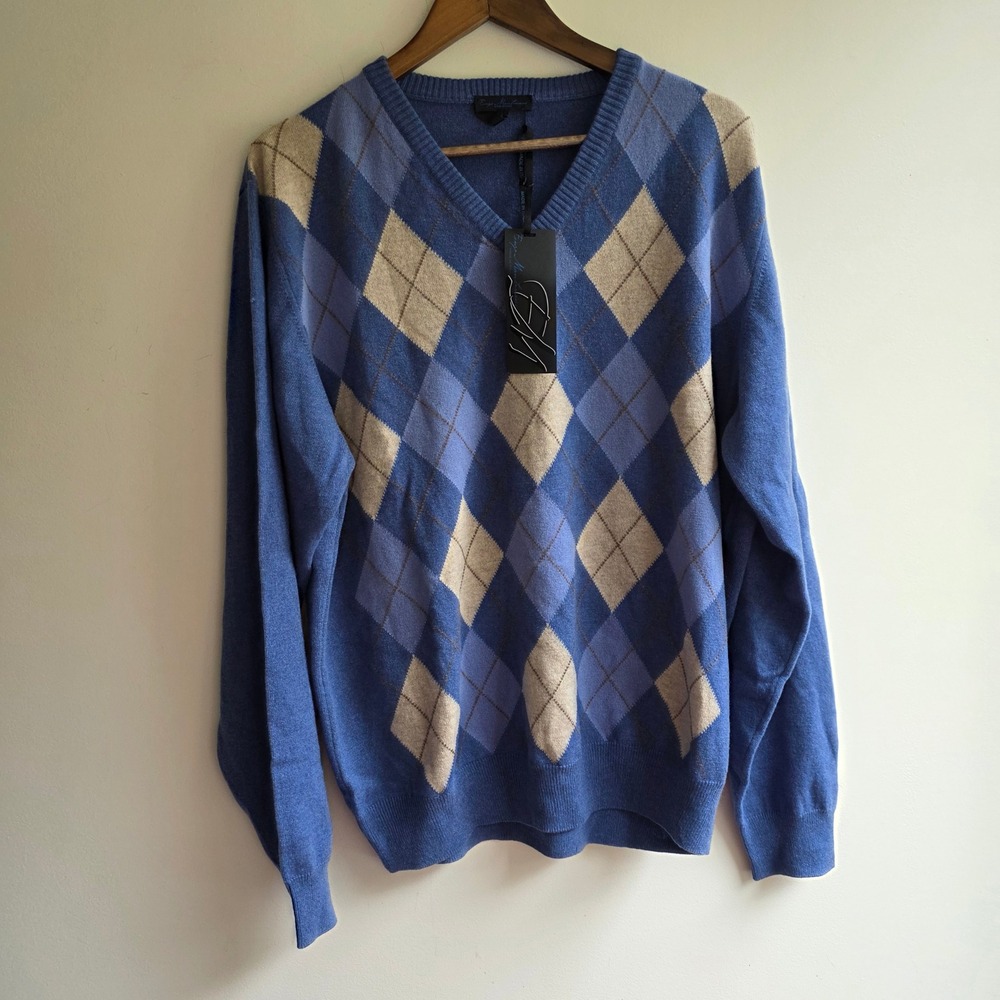 Enzo Mantovani Cashmere Argyle V-Neck Sweater Mens Blue Tan Made in Italy Large